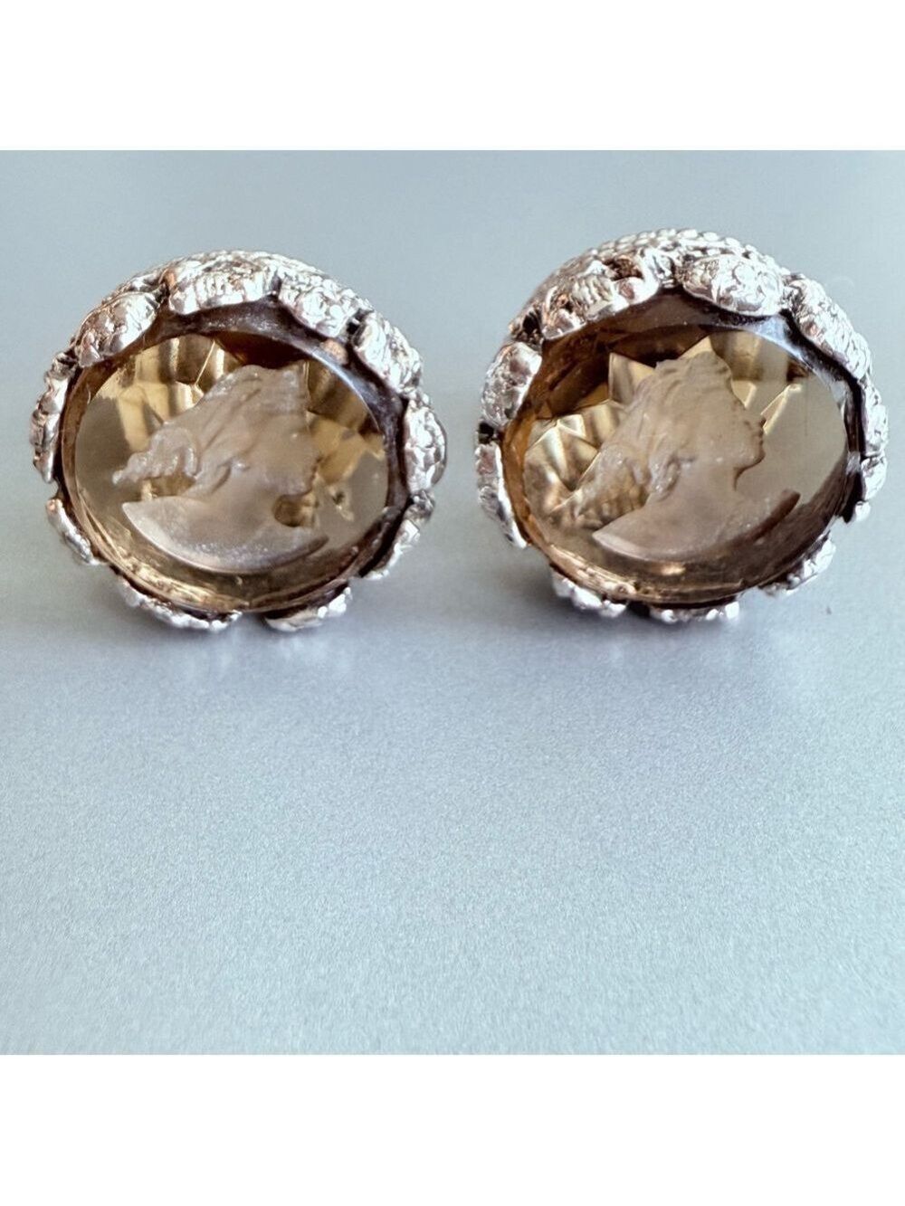 Intaglio Smoky Topaz Glass Cameo Clip On Round Chunky Earrings Vintage 1960's